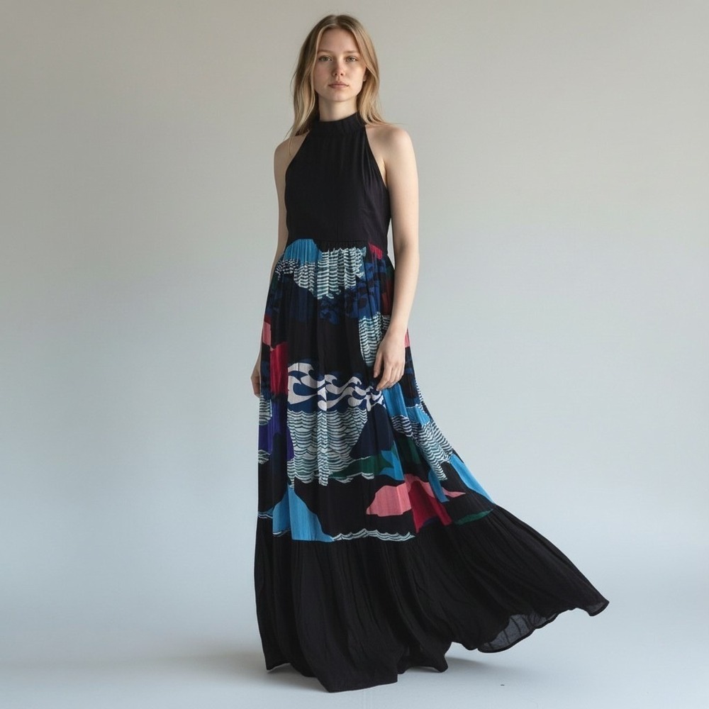 Oliphant Pacifica Black Maxi Dress M Multicolor Abstract Coastal Beach Vacation